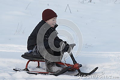 A boy on the sledge Stock Photo