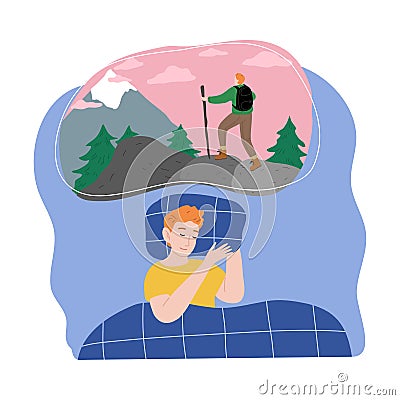 Boy slepping and seing himself traveling in mountains in night dream Vector Illustration