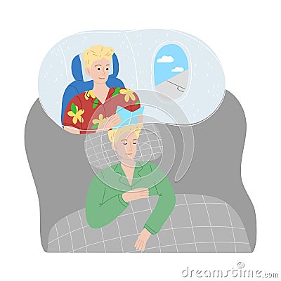 Boy slepping and seing himself traveling by plane in night dream Vector Illustration