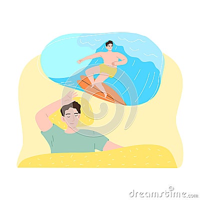 Boy slepping and seing himself watersurfing on waves in night dream Vector Illustration