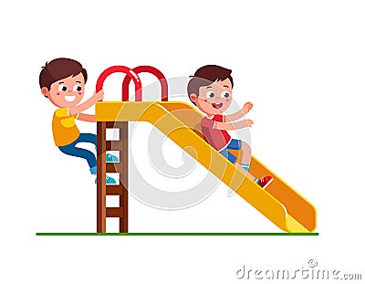 Boy sliding down slide and climbing up ladder Vector Illustration