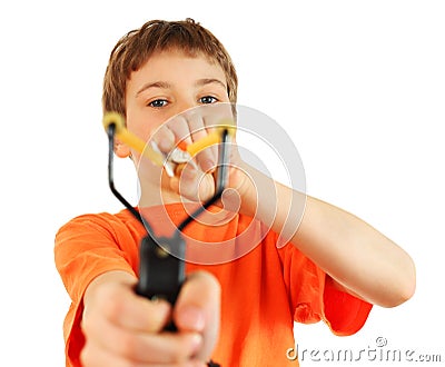 Boy with slingshot aim to camera Stock Photo