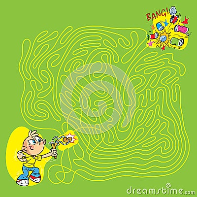 Boy with a slingshot in a maze Vector Illustration
