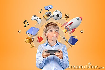 Boy with smartphone, online entertainment icons Stock Photo
