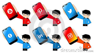 Boy with smartphone with social network icons, cartoon, isolated. Editorial Stock Photo