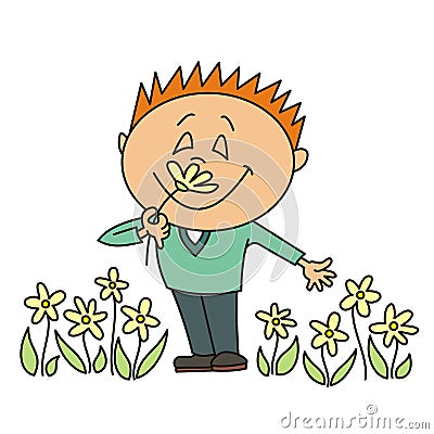 Boy smelling a flower Vector Illustration