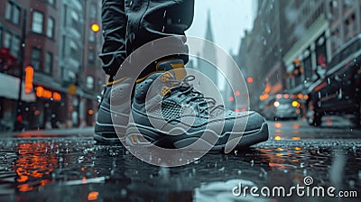 A boy in sneakers on the street stands in a puddle in a neon light Stock Photo