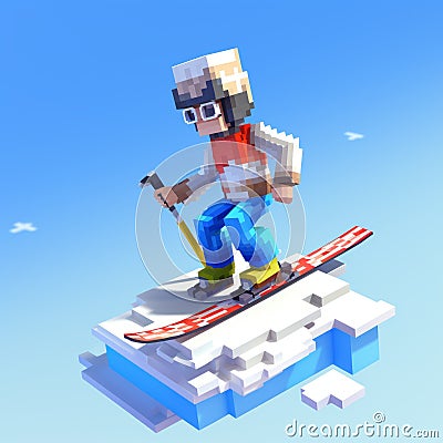 Voxel Art Snowboarder: Playful 8-bit Cartoon Character Skiing On Blue Hill Stock Photo