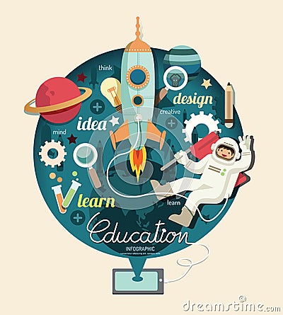 Boy on space with rocket education design infographic, learn conc Vector Illustration