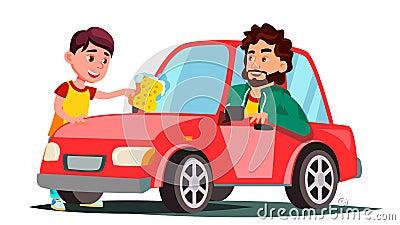 Boy With Sponge Washing The Window Of Car Vector. Isolated Illustration Vector Illustration