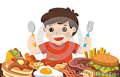 The boy is eating Foods. Vector Illustration