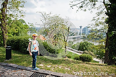 Boy stand of view Bratislava bridge, Slovakia Stock Photo