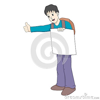 boy is standing with a board hoping to ask for a car ride Vector Illustration