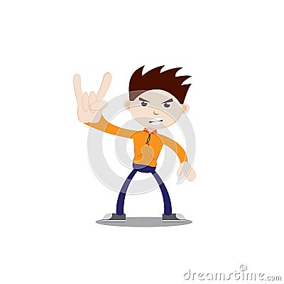 A boy is standing with a ferocious face and a metal hand. Wearing an orange jacket, navy blue pants and sneakers. Flat character Vector Illustration