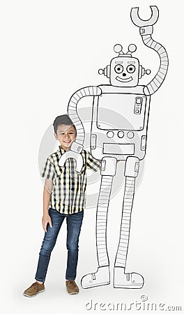 Boy Standing Full Body With Robot Stock Photo