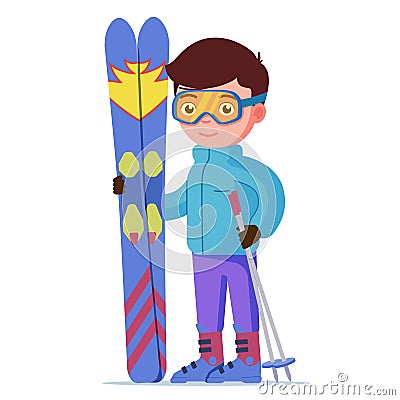 Boy standing with mountain skis and sticks Vector Illustration