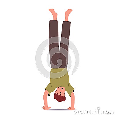 Boy Standing Upside Down Isolated on White Background. Little Child Fooling, Fun and Rejoice. Preteen Kid Handstand Vector Illustration