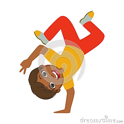 Boy Standing Upside Down On One Hand Dancing Breakdance Performing On Stage, School Showcase Participant With Musical Vector Illustration