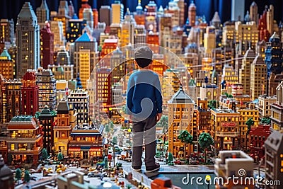 A boy stands in awe in a massive city made entirely of Lego bricks, towering above him. The intricate details of the Stock Photo