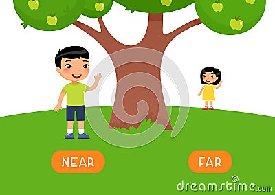 Boy stands NEAR and girl stands FAR. Antonyms word card vector template. Vector Illustration