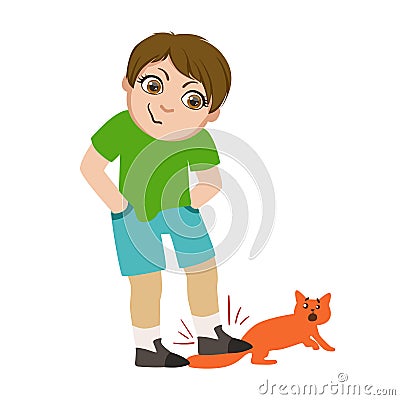 Boy Stepping On Cats Tail, Part Of Bad Kids Behavior And Bullies Series Of Vector Illustrations With Characters Being Vector Illustration