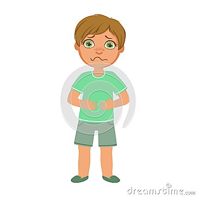 Boy With Stomach Cramps,Sick Kid Feeling Unwell Because Of The Sickness, Part Of Children And Health Problems Series Of Vector Illustration