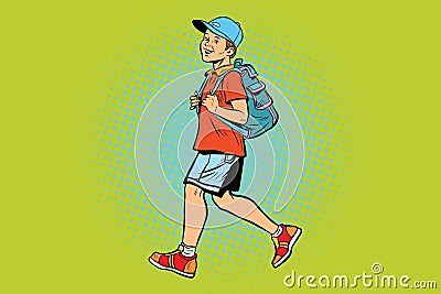 Boy student with a backpack goes to school or Hiking Vector Illustration