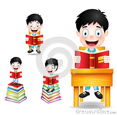 Boy Student Character Reading Books Vector Illustration Vector Illustration