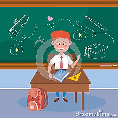 Boy student in the desk with book and triangle ruler Vector Illustration