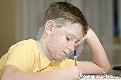 A boy student learns lessons Stock Photo
