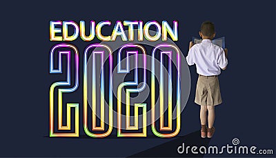 Boy student reading book with Text education 2020 ,icon - creativity modern Idea and Concept. Editorial Stock Photo