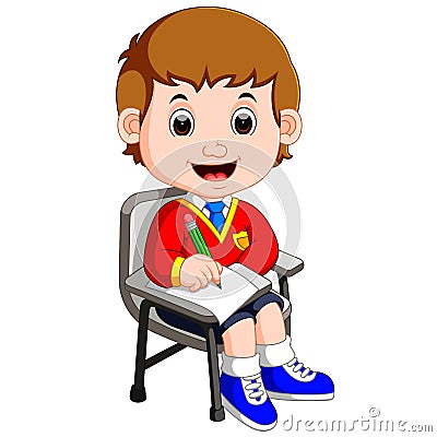 Boy student studying and writing Vector Illustration