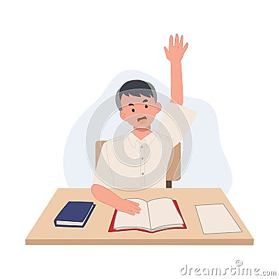 boy in student Uniform is raise his hand up to asking the question or answering in classroom. Asian student. Vector illustration Vector Illustration