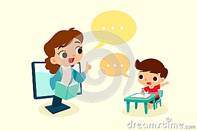 A boy study at home with online teacher Vector Illustration