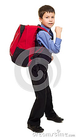 Boy in suit with backpack Stock Photo