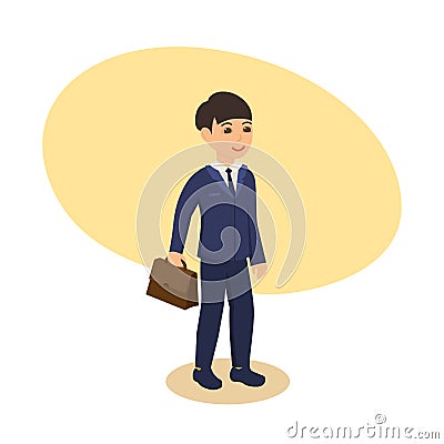 Boy in suit, with briefcase in hand, goes to school. Vector Illustration