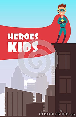 Boy superhero with red cloak over the city buildings vector super kids poster Vector Illustration