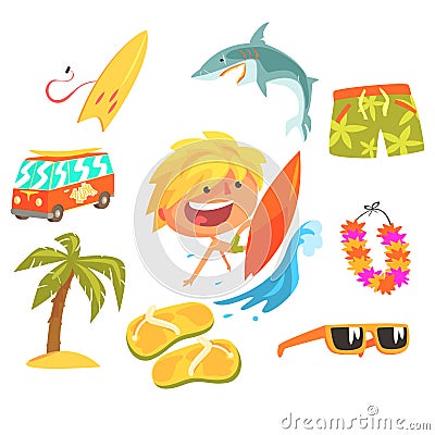 Boy Surfer Extreme Sportsman, Kids Future Dream Professional Occupation Illustration With Related To Profession Objects Vector Illustration