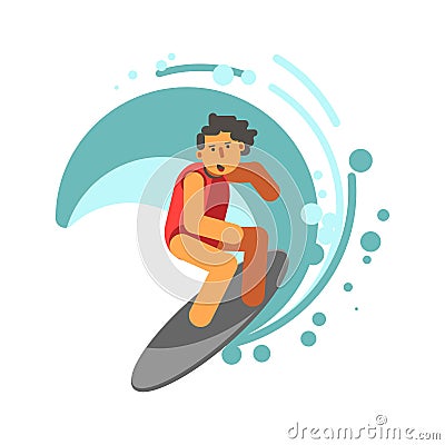 Boy on surfing board under wave vector illustration Vector Illustration