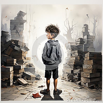 Surrealistic Dystopian Concept Art: Young Boy With Books Stock Photo
