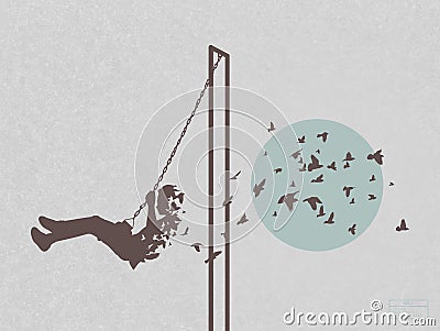 Boy on swing. Dying child silhouette. Death and afterlife. Flying bird Vector Illustration