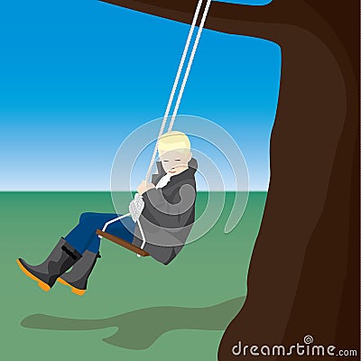 Boy swinging on a rope swing with tree Vector Illustration