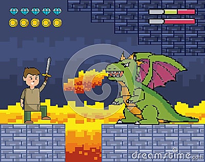 Boy with sword and dragon spits fire and life bars Vector Illustration