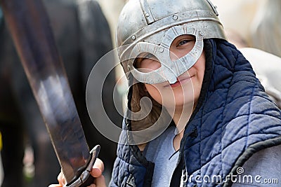 Boy with an sword in a suit Russian soldier Stock Photo