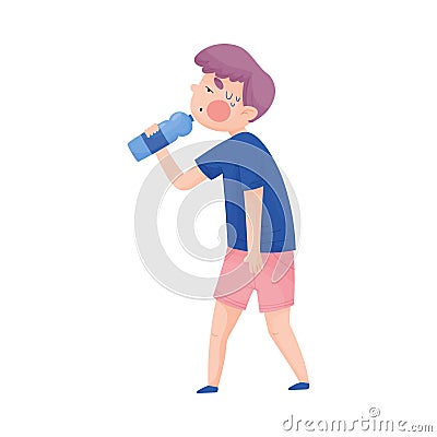 Boy in T-shirt Drinking Cool Water from Bottle Because of Hot Weather Vector Illustration Vector Illustration