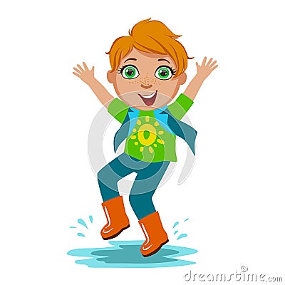 Boy In T-Shirt And Rubber Boots, Kid In Autumn Clothes In Fall Season Enjoyingn Rain And Rainy Weather, Splashes And Vector Illustration