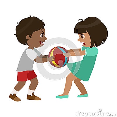 Boy Taking Away A Ball From A Girl, Part Of Bad Kids Behavior And Bullies Series Of Vector Illustrations With Characters Vector Illustration