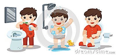 A boy taking a bath, brushing teeth, sitting on toilet. Vector Illustration