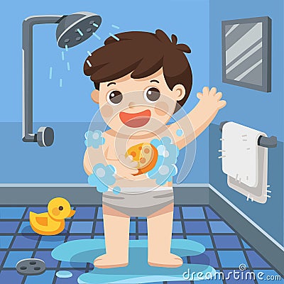 A boy taking a shower in bathroom. Vector Illustration