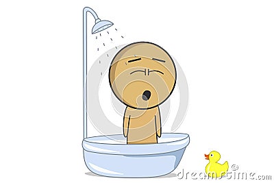 Boy taking a shower. The boy takes a shower and sleepily yawns. Vector Illustration